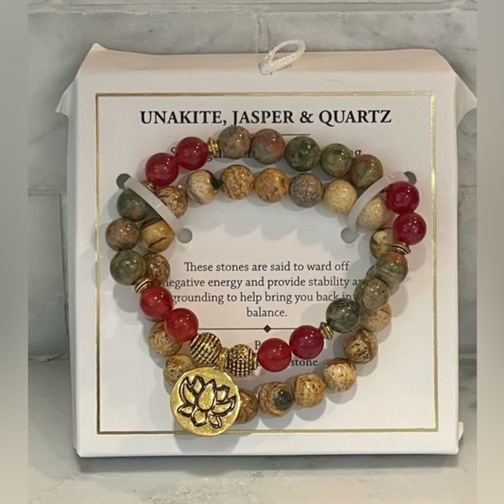 Shivam Bracelet- Unakite Jasper Quartz‎ 2 Strands For Strength Clarity Grounding